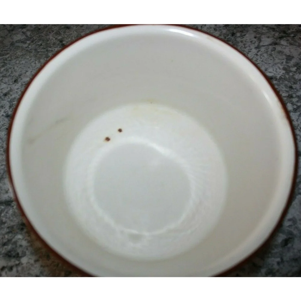Vintage Enamelware Sauce Pan, Tan with Brown Trim & Handle 7.5 X 3.5 No Lid GUC